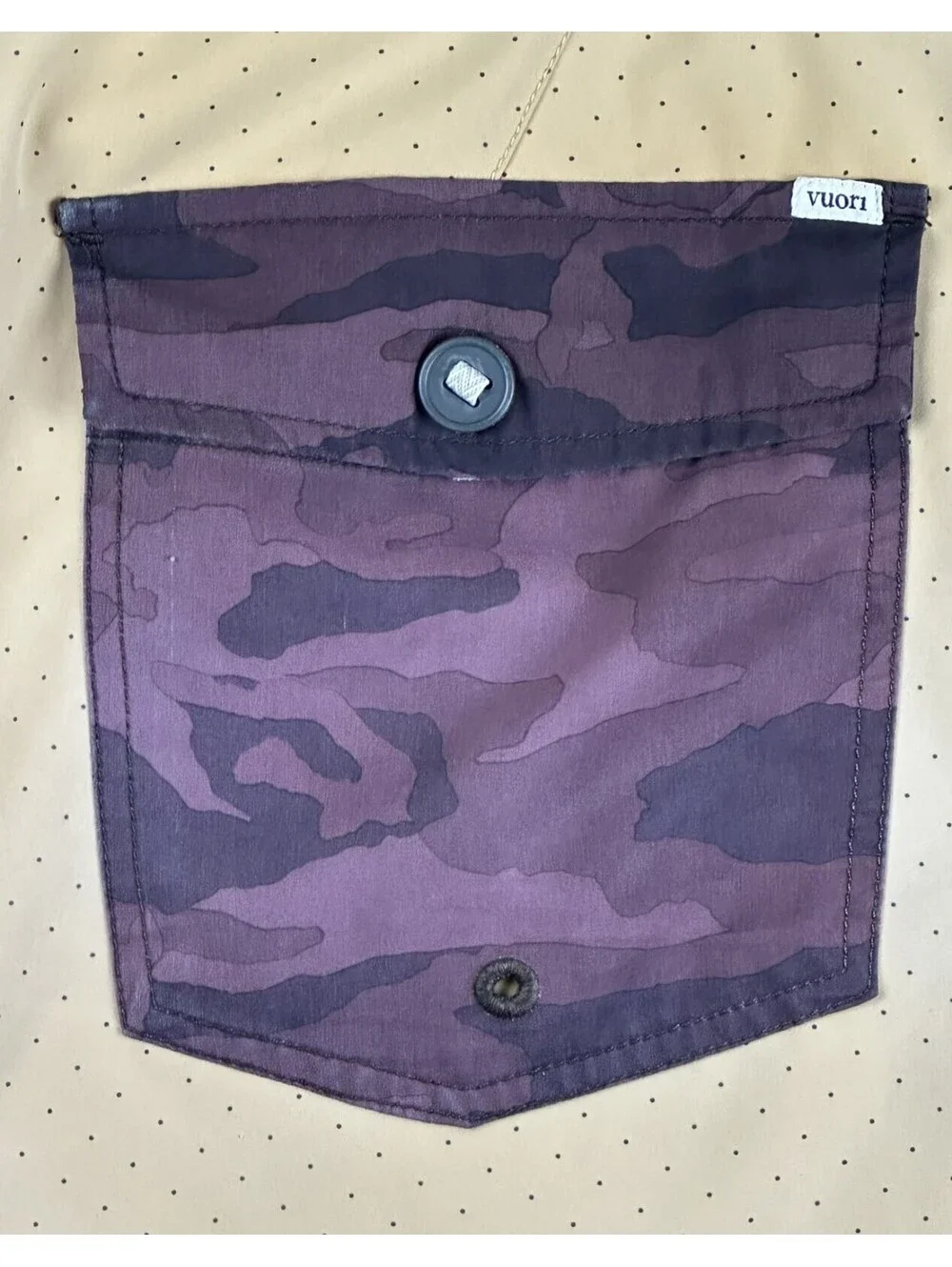 Vuori Cruise Boardshorts Mens L 36 Tan Polka Dot Camo 4-Way Stretch Swim Trunks